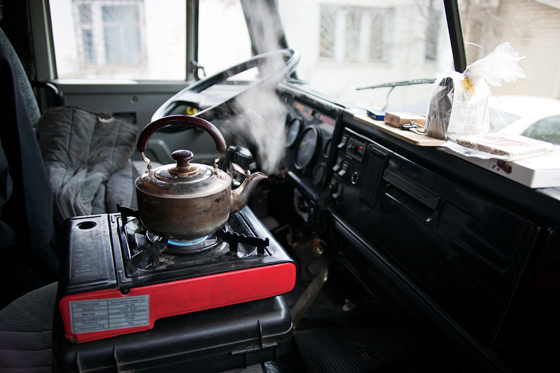 boiling pot in cab truck daylight